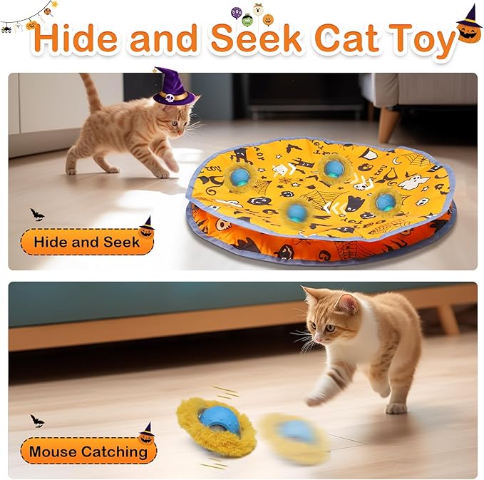 Interactive Cat Toys Ball Fast Rolling in Pouch, Motion Activate Chirping Cat Toy Hide and Seek Mouse Catching Game (Halloween Party)