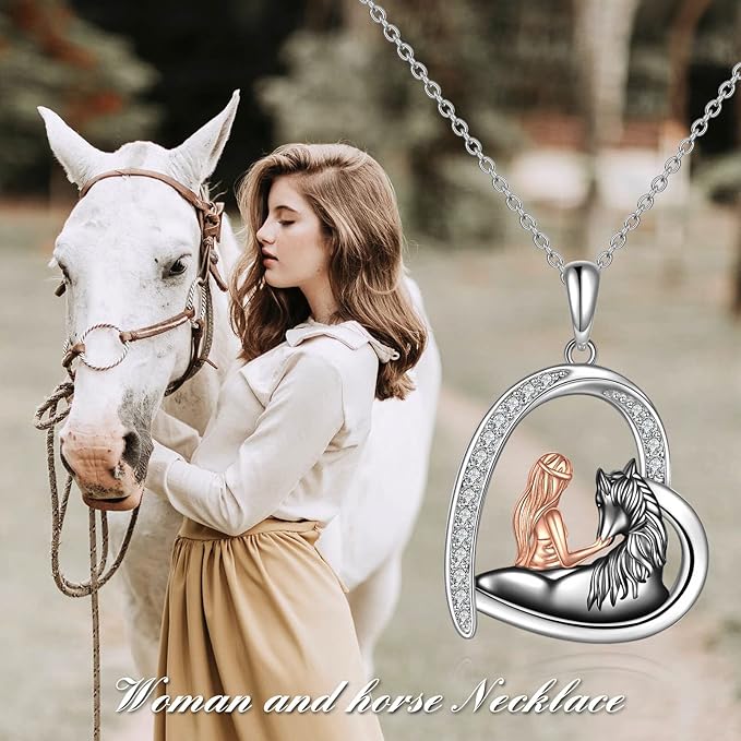 Black Horse Necklace Gifts for Women Sterling Silver Love Heart Horse Pendant Necklace Jewelry for Horse Lovers