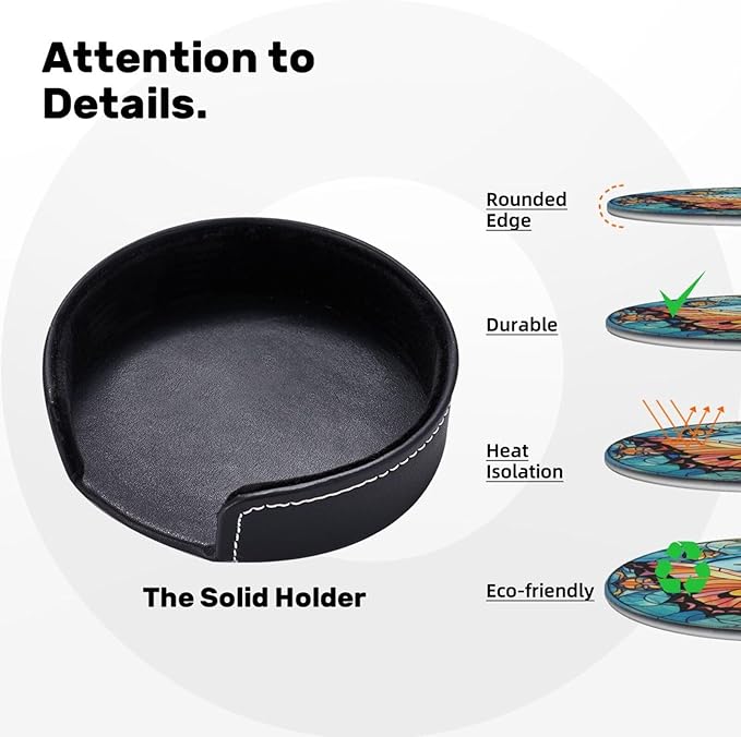 Butterfly Drink Coaster Set of 6, Butterfly Decor Gifts, Leather Drink Coasters with Holder, 6 Pack Cup/Bar/Drink Coasters for Table/Drinks/Coffee Protection Housewarming Gift (Butterfly)