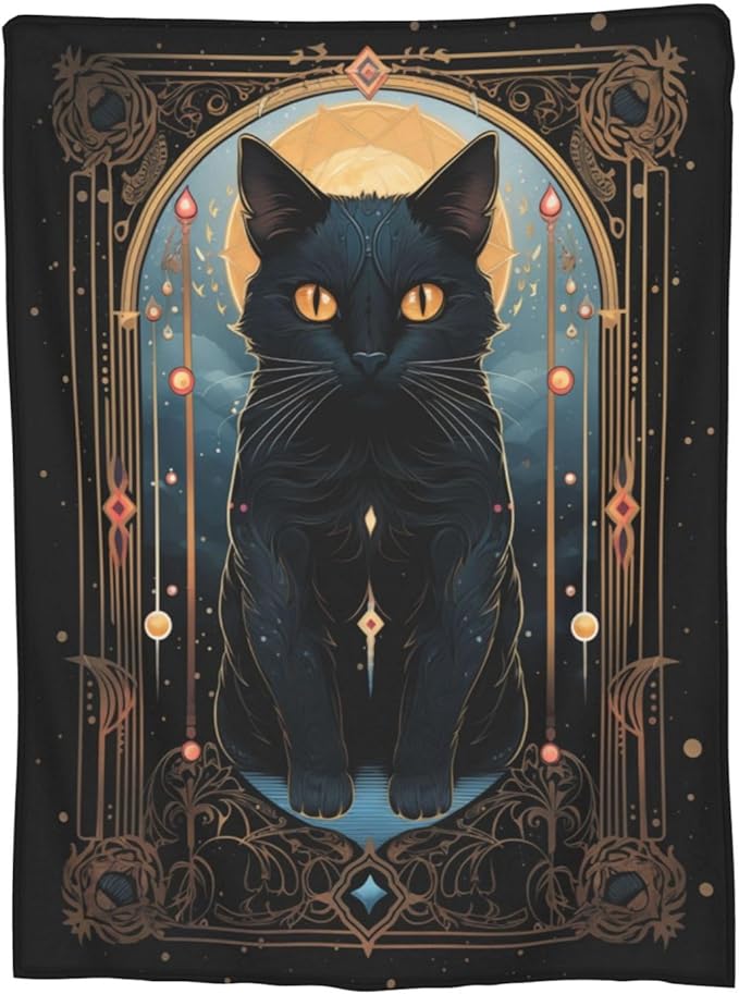 Tarot Card Moon Black Cat Blanket Pagan Witchcraft Theme Cat Print Blanket for Mom Girls Women Flannel Soft Warm Cozy Fuzzy Throw Blankets for Bed Sofa Decor Valentine Day Gifts 50"x60"