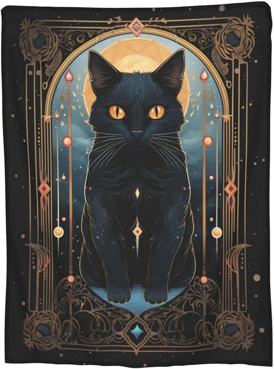 Tarot Card Moon Black Cat Blanket Pagan Witchcraft Theme Cat Print Blanket for Mom Girls Women Flannel Soft Warm Cozy Fuzzy Throw Blankets for Bed Sofa Decor Valentine Day Gifts 50"x60"