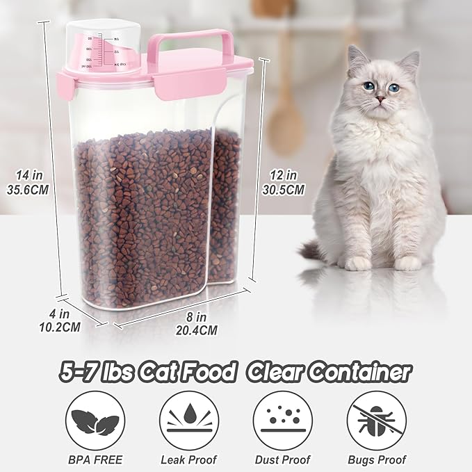 5Lbs Dog Cat Storage Container Portable with Upgraded Large Spout and Cup,Plastic Pet Food Dispenser for Small Animal Kibble,Bird Seed,Oatmeal,Rice,flour,brown sugart- Light Pink