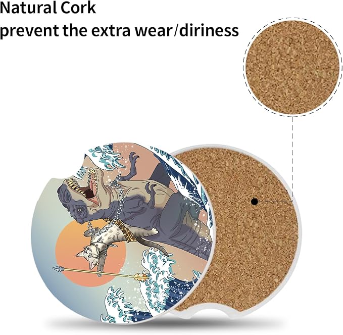 Car Coasters Pack of 2,Absorbent Ceramic Car Coasters Set for Women/Men,Drink Cup Holder Coasters,with A Finger Notch for Easy Removal(Cat and Dinosaur)