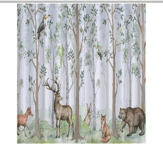 Animal Forest Watercolor Shower Curtains for Bathroom, Cartoon Bear Deer Fox Birds Rabbit Green Woodland Pattern Decor Bath Drapes Set with Hooks, Waterproof Fabric Windows Treatment, 66x72in