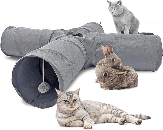 LeerKing 4 Way Large Cat Tunnel Rabbit Maze Tube System Non Crinkle Durable Suedette Dia 10" Collapsible Play Tunnel for Bunny, Guinea Pig, Ferret