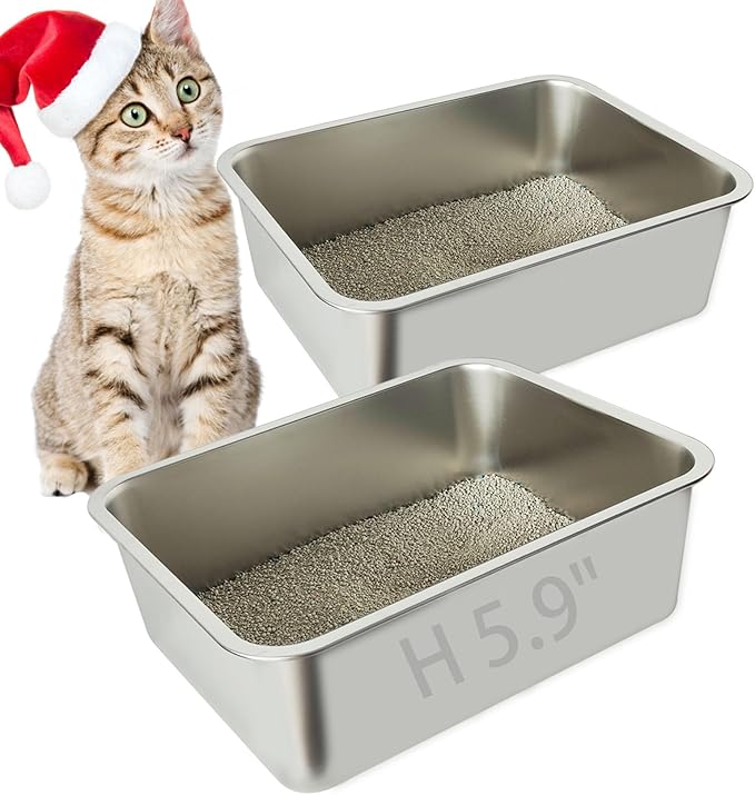 2 Pack Stainless Steel Cat Litter Box, 17.7" X 13.8" X 5.9" Litter Box for Kittens Open Metal Litter Box for Small to Medium Cats, Rabbits