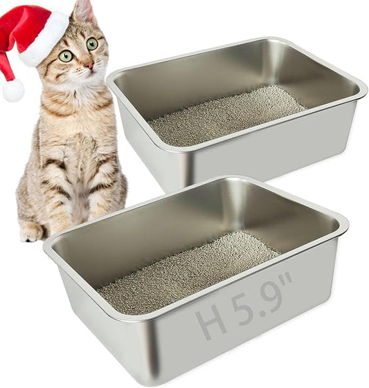 2 Pack Stainless Steel Cat Litter Box, 17.7" X 13.8" X 5.9" Litter Box for Kittens Open Metal Litter Box for Small to Medium Cats, Rabbits