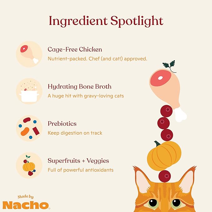 Made by Nacho Wet Cat Food, Cuts in Gravy, Limited Ingredients, Cage-Free Chicken Recipe with Bone Broth for Extra Hydration, (24) 3 oz. Pouches, Limited Ingredients