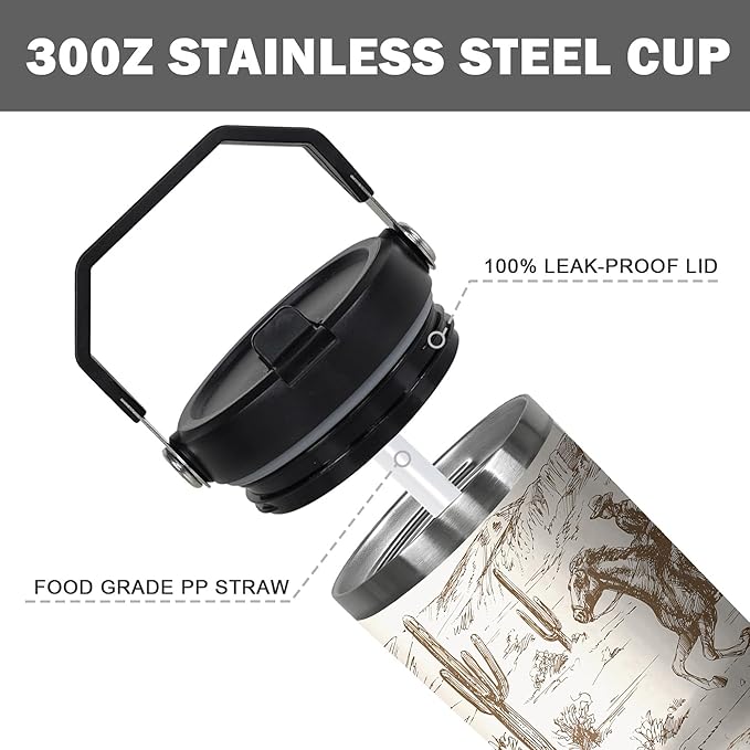 30 Oz Western Tumbler with Handle and Straw, Horse Gifts for Women Insulated Horse Cups, Double Wall Stainless Steel Horse Mugs for Horse Lovers, 30 Oz Horse Coffee Cup Gifts for Horse Lovers Women