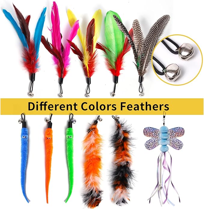 Cat Toys for Indoor Cats, 1PCS Retractable Cat Fishing Rod Toy and 11PCS Cat Feather Toys Teaser Refills, Interactive Cat Toy Wand Kitten Toys to Play Chase Exercise