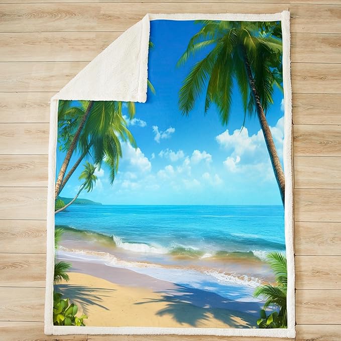 Ocean Beach Themed Fleece Throw Blanket Girls Women Hawaiian Tropical Palm Tree Sherpa Blanket for Bed Couch Kids Adults Blue Sea Plush Blanket Summer Warm Fuzzy Blanket Soft and CozyBaby 30"x40"