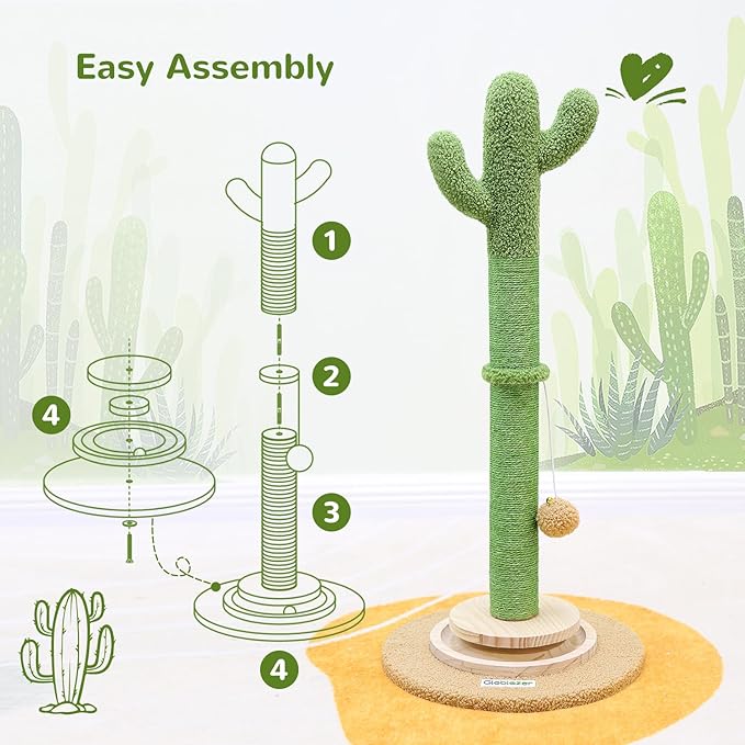 SC30 Tall Scratching Post for Cats, 30in Cactus Cat Scratching Post Cat Scratcher Cute Sisal Large Cat Scratching Post with Modern Wooden Ball Tracking Interactive Toys
