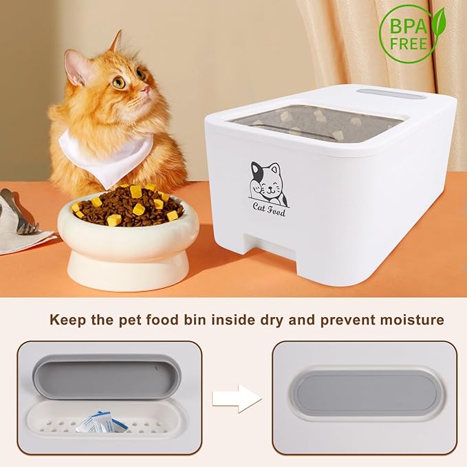 10Lbs Cat Food Storage Container,Pet Food Container with Rolling Wheels & Sliding Lid,BPA Free Plastic Storage Bin For Cat Food Kibble with Measuaring Cups-Rodent proof