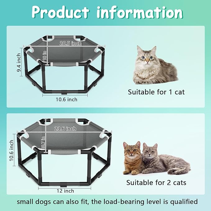 Tresbro Elevated Cat Hammock Bed, Hexagon Raised Cat Swing Bed for Indoor and Outdoor Use with Breathable Fabric & Anti-Slip Block, 23.6'' x 10.6'' x 12'' Pet Chair for Large to Small Kitty Cot