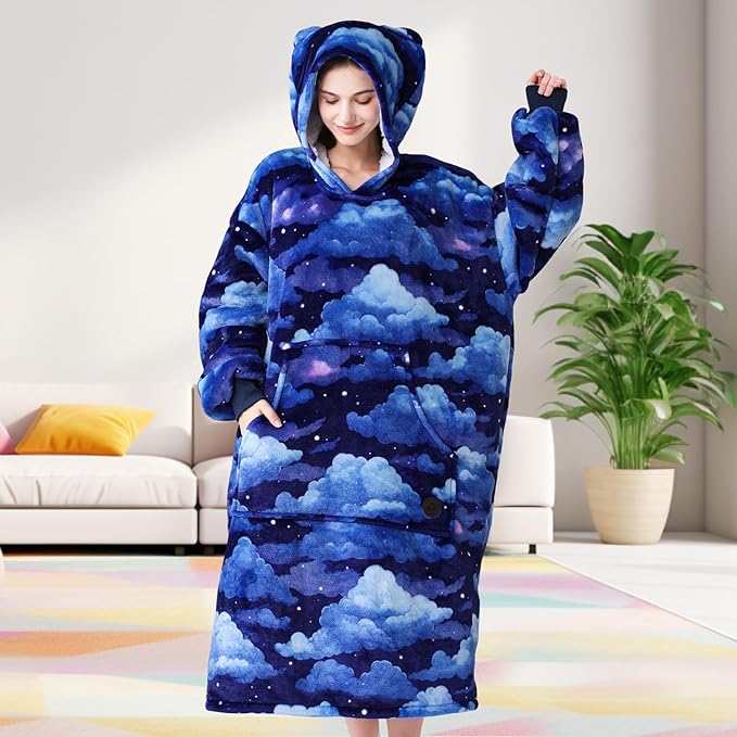 THREE POODLE Wearable Blanket Hoodie, Oversized Sherpa Sweatshirt Blanket for Adults Women Men, Warm Cozy Hooded Blanket, Gifts for Mom Girlfriend