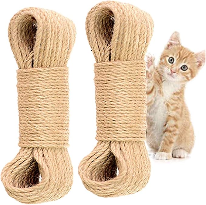 2 Pack Cat Natural Sisal Rope for Scratching Post Tree Replacement, Hemp Rope for Repairing, Replacement Cat Tree and Tower DIY Scratcher (6 mm 66 Ft)
