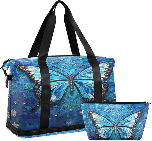 Blue Dream Butterfly Travel Duffel Bag Waterproof Gym Sport Tote Bag Carry On Weekender Bag with Compartment