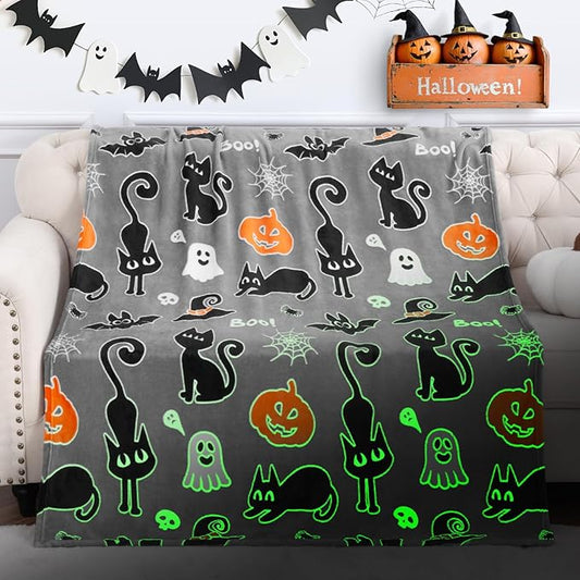 Halloween Decorations Blanket Gifts for Kids - Pumpkin Spooky Bat Cat Glow in The Dark Soft Throw Toys Presents for Boys Girls Toddler Child Teen Bedroom Couch Sofa Decor 50"x60"