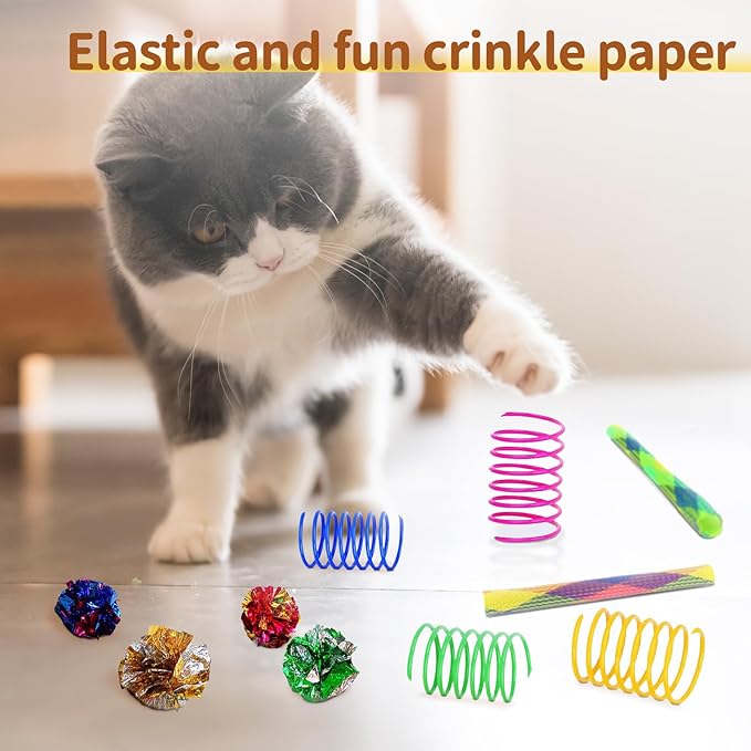 iCAGY Kitten Toys, Cat Toys, 25 Assorted Cat Stuff Toys Pack Including Crinkle Tunnel Ball Wand Teaser Feather Mouse Mice Spring Assortment kit for Cats Kittens Rabbits Puppies Rainbow