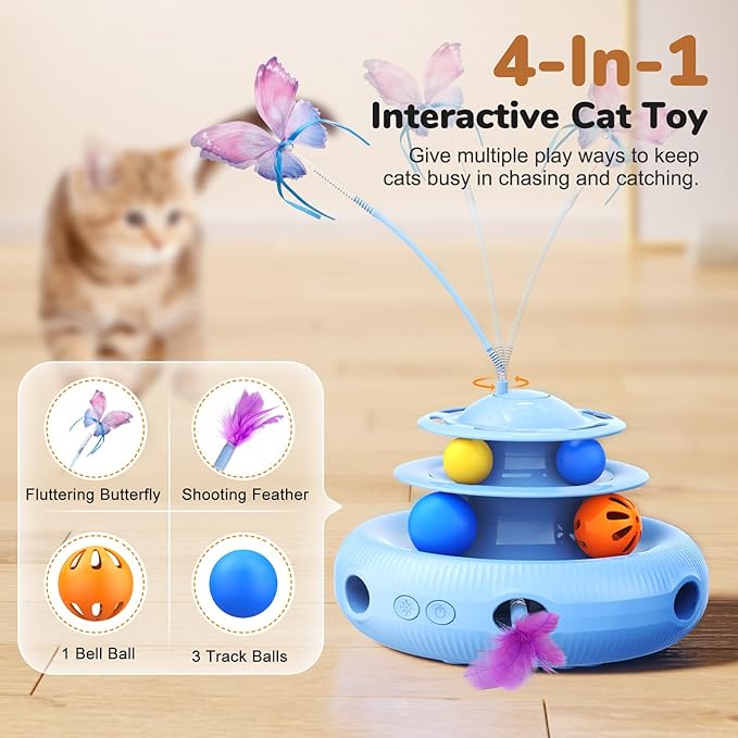 Cat Toys, 4-in-1 Rechargeable Automatic Interactive Cat Toy with Fluttering Butterfly, Random Moving Ambush Feather, Two-Tier Track Balls, 5H Smart Standby, Touch-Activated (Blue)