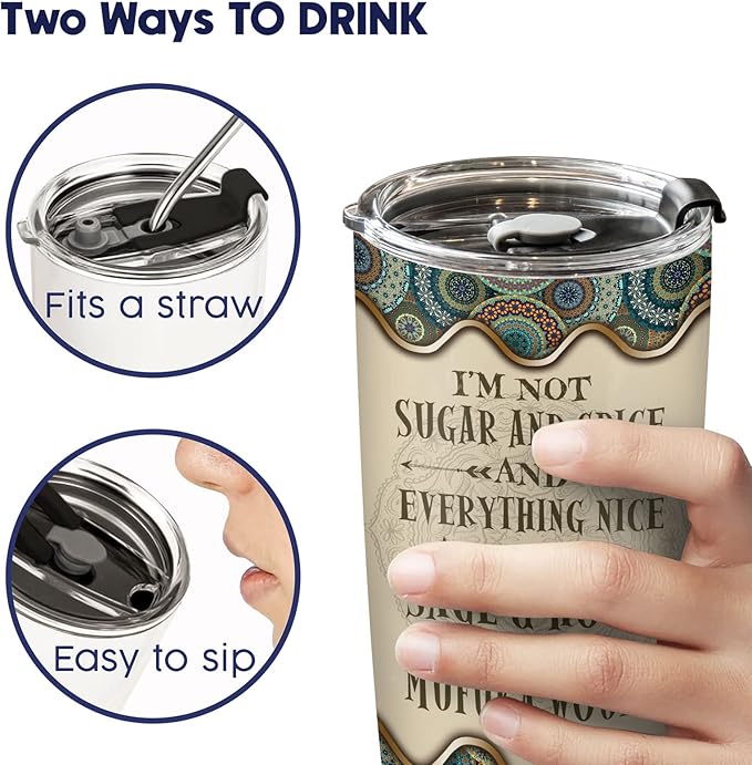 34HD Hippie Tumbler with Lid, 20 oz Stainless Steel Insulated Cup with Bohemian Decor, I'm Not Sugar and Spice Mug, Hippie Gifts for Women Birthday Mothers Day Christmas