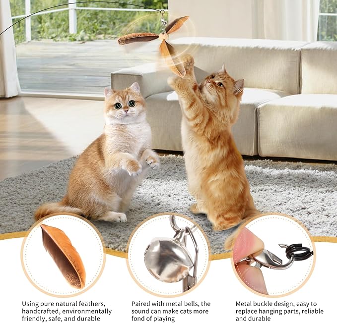 Cat Wand Toys, Interactive Cat Toys, 3 Nature Feather Refills, 35” Flexible Steel Wire, Sturdy Wood Handle and Bell, Cat Teaser Cat String Toy for Indoor Cats Kitten to Play Chase Exercise