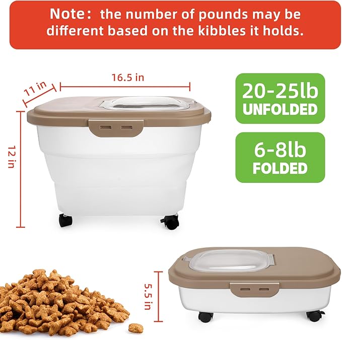 Airtight Pet Food Container, Collapsible Dog Food Storage Container 15-20 lb with Castors, Plastic Dog Food Bin with Pet Food Scoop & Measuring Cup for Dry Food Storage