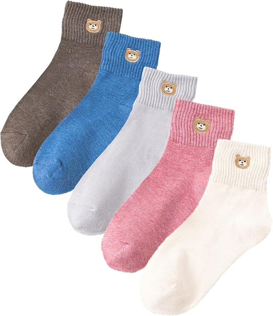 5 Pairs Women's Cute Bear Ankle Socks With Animal Embroidery - Gifts for Women
