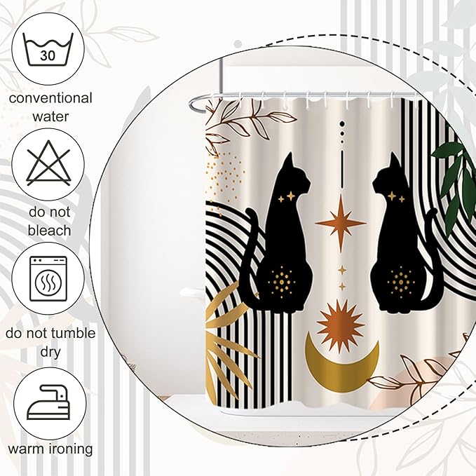 AWERT Boho Mid Century Cute Cat Shower Curtain for Bathroom with Hooks Minimalist Abstract Fabric Shower Curtain 60x72inch