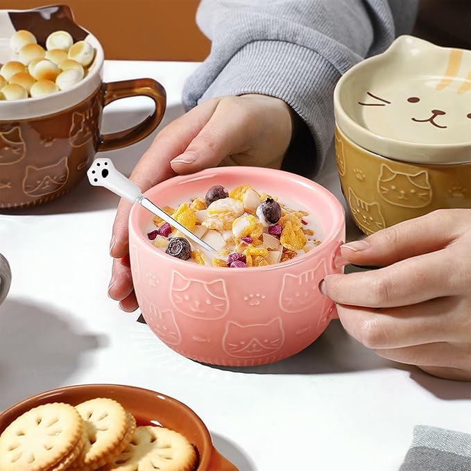 BigNoseDeer 2PCS Cute Cat Tea Cup Ceramic Coffee Mugs with Lid, Dessert Tea Cups and Saucers for Cat Lovers, Christmas Gifts 10oz (Yellow+Brown)