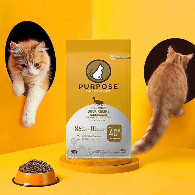 PURPOSE Natural Dry Cat Food, Grain Free Dry Cat Food, Protein Rich Indoor Cat Food for All Breeds and Life Stages, Free-Range Duck Recipe with Postbiotics, 4.5lb Bag, USA Made…
