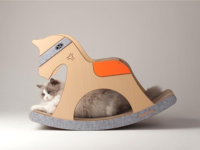 Rocking Horse Cat Tree - Vintage 3-in-1 Scratcher, Lounger, and Play Toy with Nostalgic Wooden Design, Cute and Multi-Functional Cat Furniture