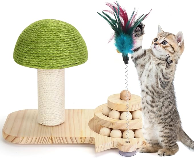 Cat Scratching Post, Sisal Mushroom Scratcher, Interactive Cat Toy with Ball and Bell Feather for Kittens and Small Cats