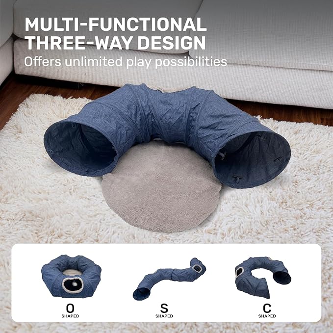 Cat Tunnel 3 Ways Play Tunnel, Durable Cationic Fabric Collapsible Breathable Cat Hideout with Rest Mat, All Season O S C Shape Cat Play Tunnel Toys for Indoor Small Medium Large Cats (Blue)