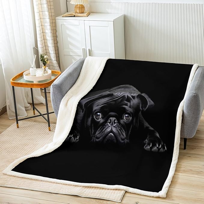Sherpa Dog Printed Fleece Throw Blanket - Cute Pug Pattern, 3D Animal Theme, Black, 50"x60"