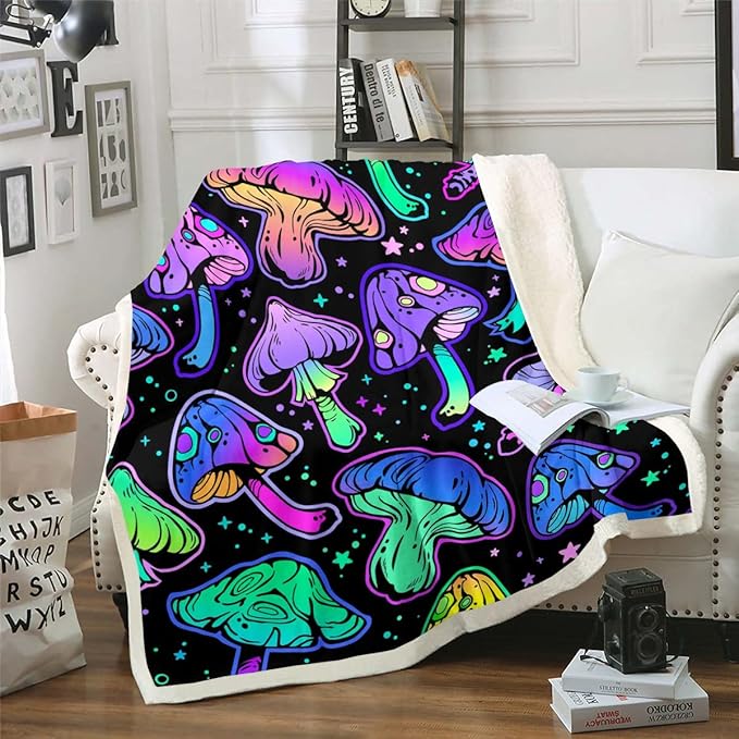 Neon Mushroom Throw Blanket for Sofa Cute Kawaii Mushroom Travel Blanket Psychedelic Galaxy Space Fleece Blanket Throw Size Rainbow Fungus Blanket for Kids Boys Girls Room Magic Mushroom Decor