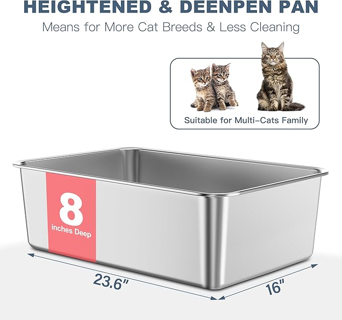 2 Pack 23.6" x 16" x 8" XXL Stainless Steel Cat Litter Boxes, High Sides Metal Cat Litter Box for Multi-Cats Big Cats XXL Metal Litter Pan Tray, Non-Sticky, Easy Cleaning