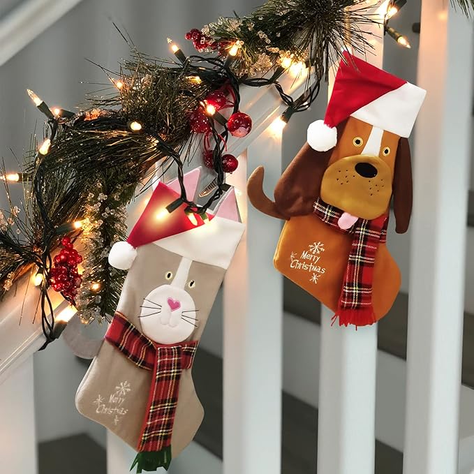 19.5'' Cute Pets 3D Christmas Stocking for Pets cat Xmas Holiday Pet Theme Gift (Gray-cat-Stocking)