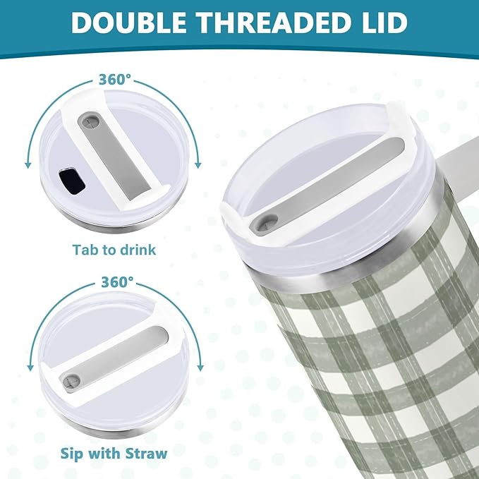 Boccsty Watercolor Sage Green Plaid Insulated Tumblers Reusable Stainless Steel Tumbler 40 oz Cup Coffee Travel Mug Water Bottle with Handle & Flip Straw for Home Office Car