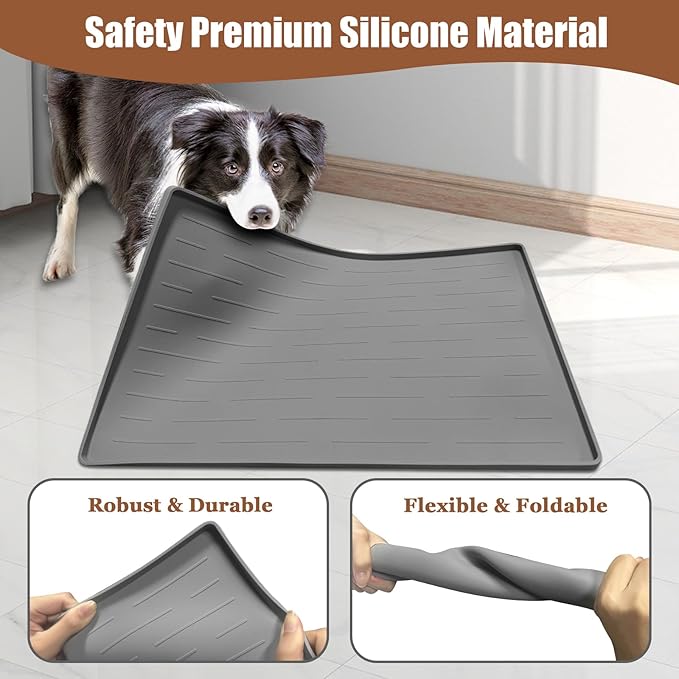 Dog Food Mat, Silicone Dog and Cat Mat for Food and Water Bowls, Waterproof Raised Edge Pet Feeding Mat for Contain Spills Protects Floors, Multiple Colors & Sizes for Pets (24"x16", Light Gray)