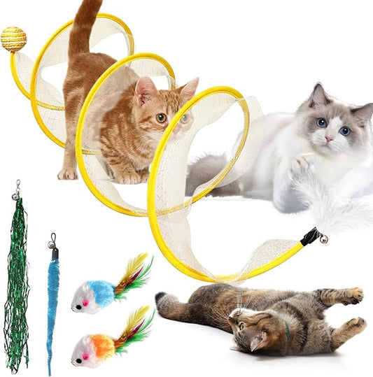 Folded Cat Tunnel Toy,S Type Cat Tunnel Toy Large, Cat Tunnels for Indoor Cats with Feather Plush Mice