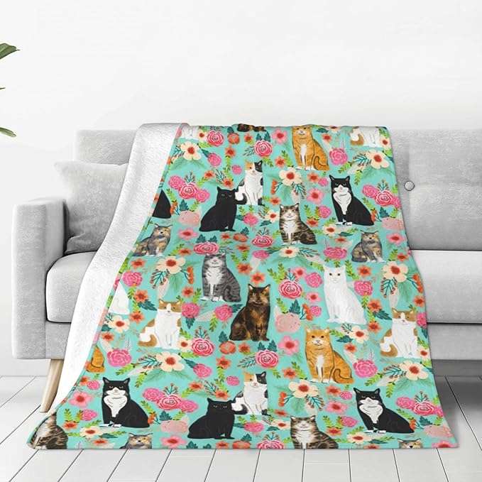 Dollffey Cat Blanket Gifts for Girls Women Cute Cats Flowers Flannel Fleece Throw Blanket Soft Plush Lightweight Warm Fuzzy Teal Blanket for Cat Lovers Decor Bed Couch Living Room for Kids 40"X50"