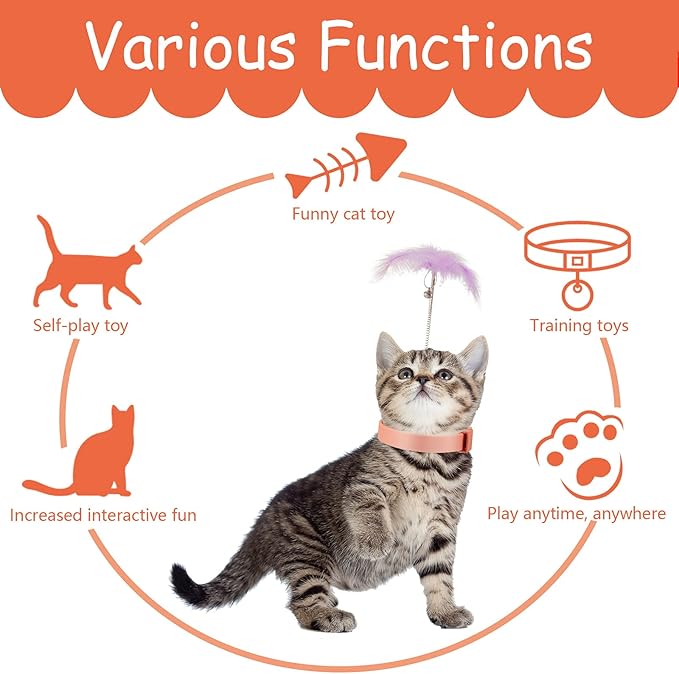 Sumind 6 Pieces Cat Feather Collar Toys Interactive Cat Feather Toy Cat Feather Wand Collar Funny Cat Stick Feather Wand Toy with Bell Replaceable Cat Collar Kitten Teaser Toy for Cat Play