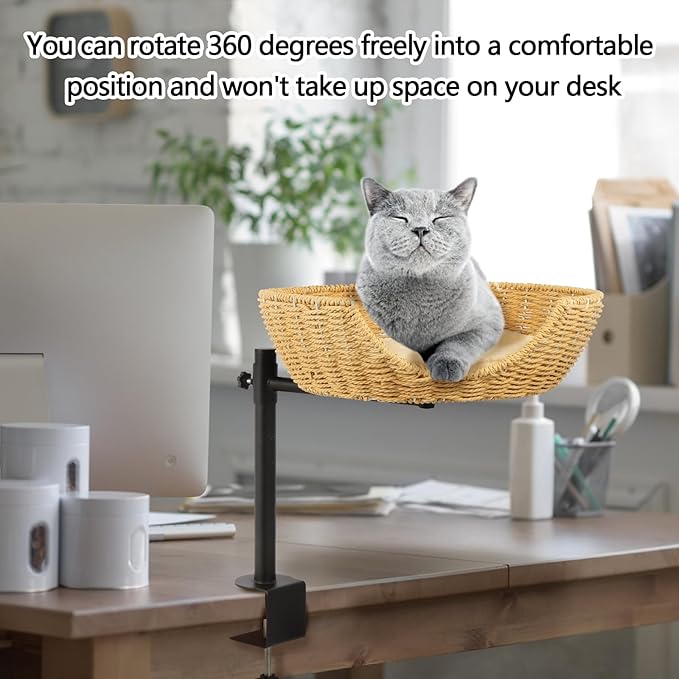 Cat Desk Bed,Cat's Desk Nest with Crafted Workmanship,Suitable for Cats up to 50 pounds,Steel Frame, Adjustable Height, 360 Rotating cat Desk Bed,Easy to Install, Including mounting Accessories