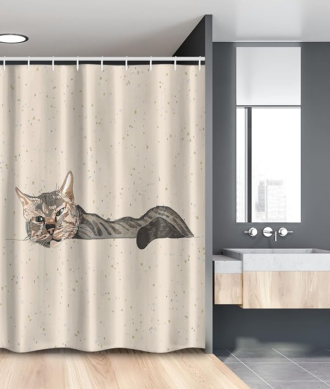 Ambesonne Cat Stall Shower Curtain, Lazy Sleepy Cat in Earth Tones Furry Mascot Indoor Pet Art Illustration, Fabric Bathroom Decor Set with Hooks, 54" W x 78" L, Grey Beige