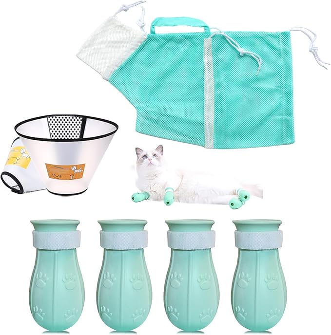 7 Pieces of Cat Bathing Supplies,Anti-Scratch Silicone Cat Shoes,Cat Claw Covers, Cat Shower Net Bag,Cat Bathing Bag,Cat Grooming Mesh Bag,Elizabethan Collar(No.3)
