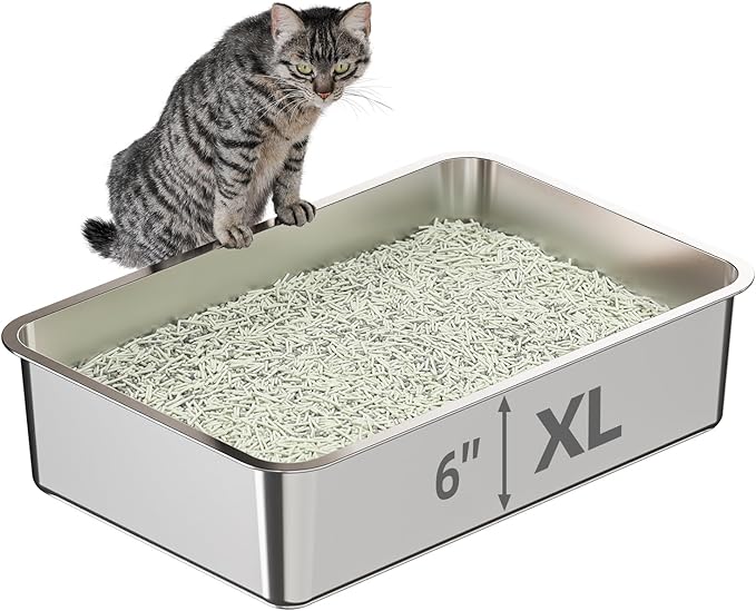 High-Sided Stainless Steel Cat Litter Box,Stainless Steel Litter Box with Lid,Extra Large Litter Box,Easy-to-Clean Metal Litter Pan for Cats (24''L X 16''W X 6''H only pan)