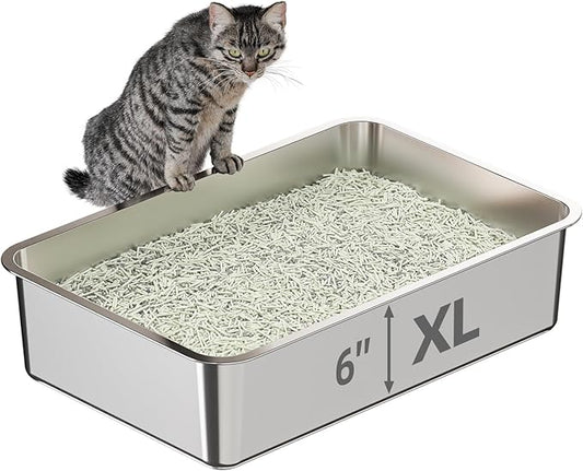High-Sided Stainless Steel Cat Litter Box,Stainless Steel Litter Box with Lid,Extra Large Litter Box,Easy-to-Clean Metal Litter Pan for Cats (24''L X 16''W X 6''H only pan)