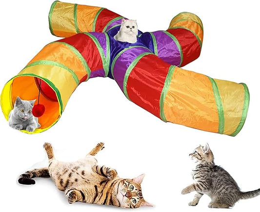 Pet Cat Tunnel Tube Cat Toys 4 Way Collapsible, Cat Tunnels for Indoor Cats，Kitty Tunnel Bored Cat Pet Toys Peek Hole Toy Ball Cat, Puppy, Kitty, Kitten, Rabbit