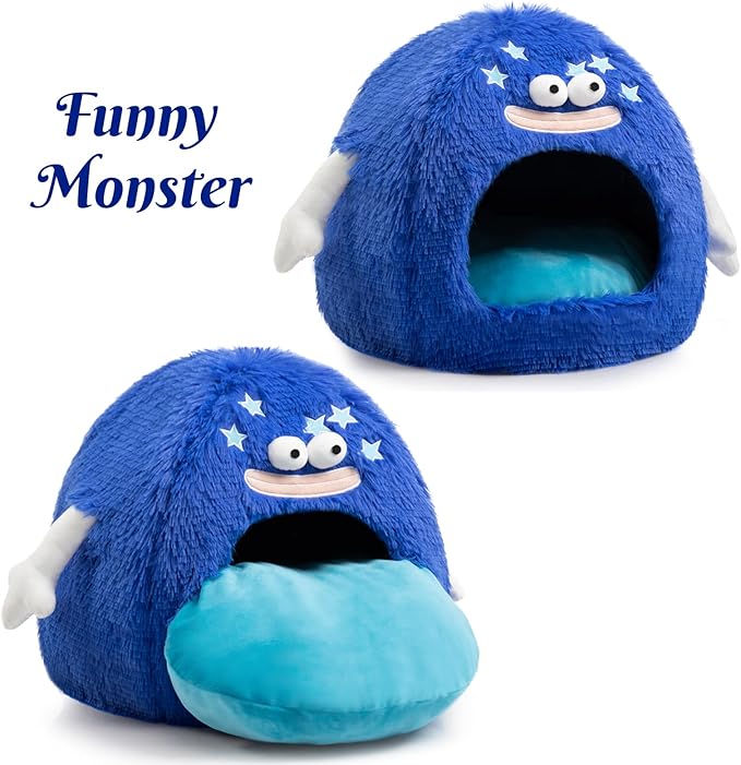 Hollypet Cat Beds for Indoor Cats, Cat Bed Cave, Cat House with Washable Cushion, Cat Bed Small for Kittens, Small Pets, Cat Tent Sleeping Bed, Cat Bed Warmer Pet Nest, Royal Blue Monster
